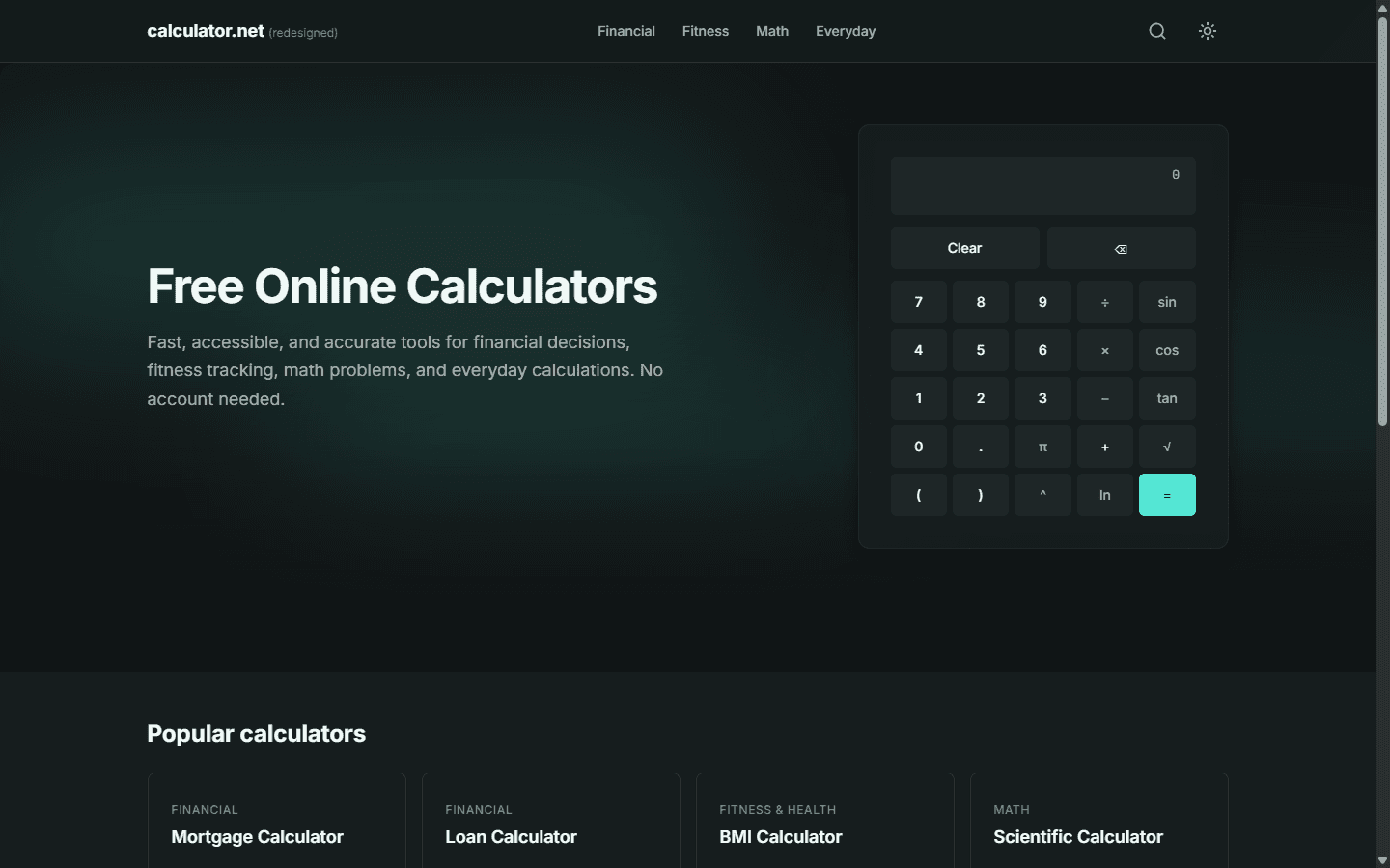 Calculator.net Redesigned interface screenshot