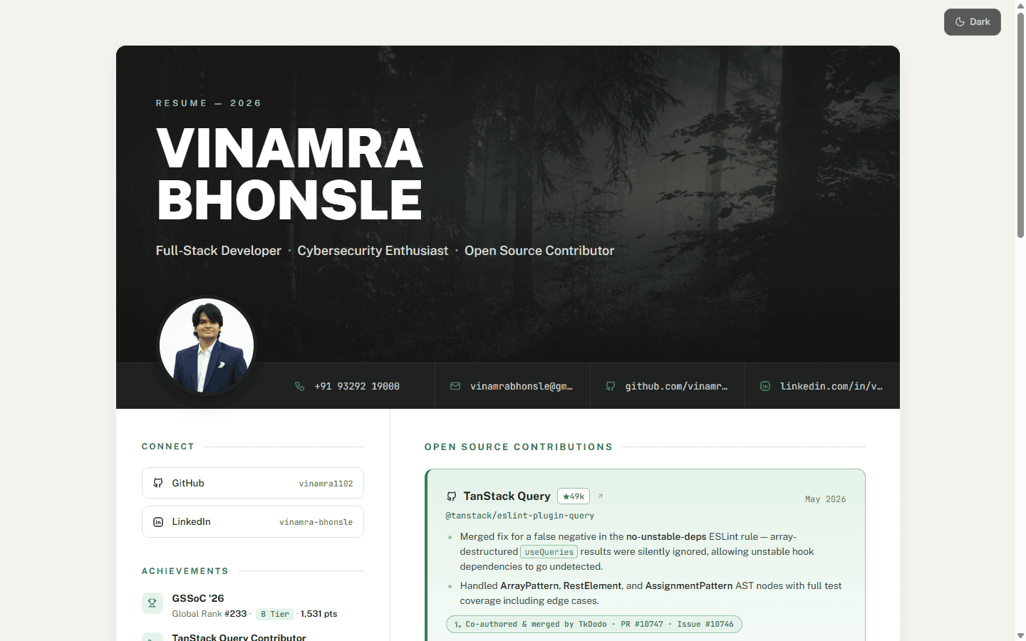 Resume as a Website interface screenshot
